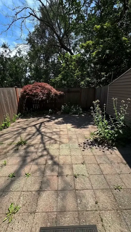 Jenny’s backyard had weeds coming through every paver joint. Nobody had sat out there in years. Pavers lifted out, new frame built, Trex...