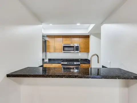 Kitchen pass-through counter in dark granite in a Renton, WA condo