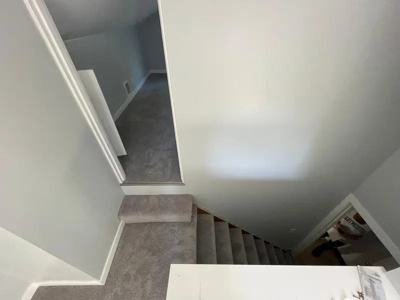 Carpeted stairs leading down from the attic landing between painted walls