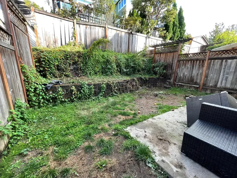 Overgrown back yard with patchy grass, an old rock wall and weathered wood fences