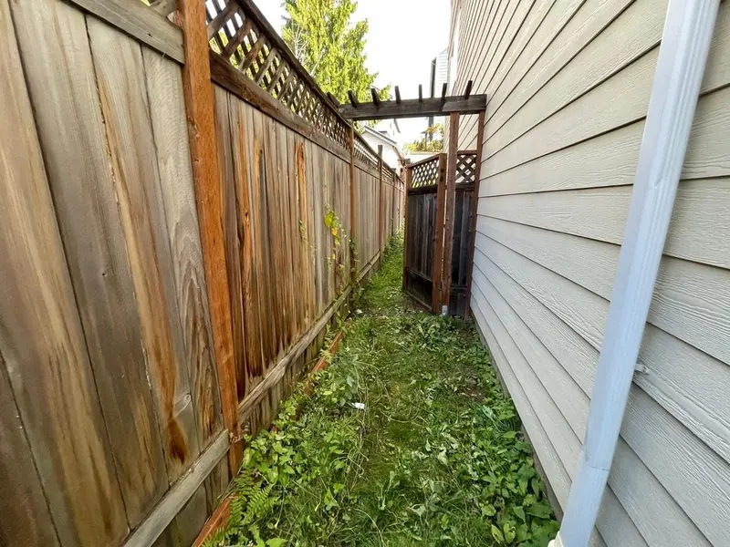 Narrow side yard full of weeds between the house siding and a weathered fence