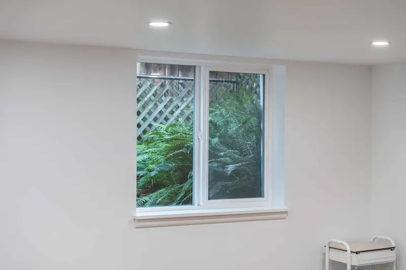 White-trimmed basement window looking out to ferns and a lattice fence