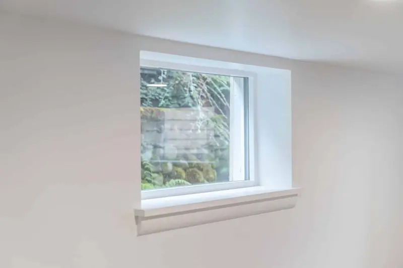 Basement window with white trim set into a white wall