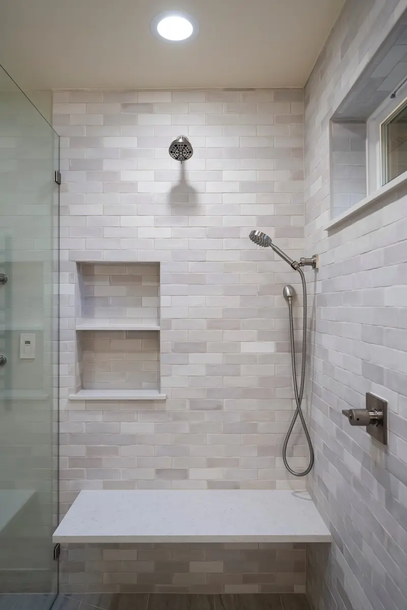 Shower wall with a stacked double niche, a handheld shower and a floating bench