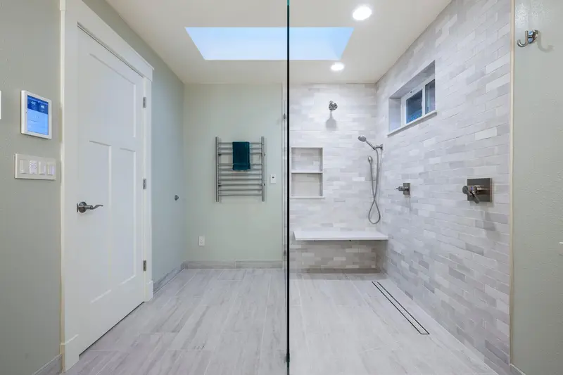 Glass shower entry beside a heated towel rail and a white door, with a skylight above