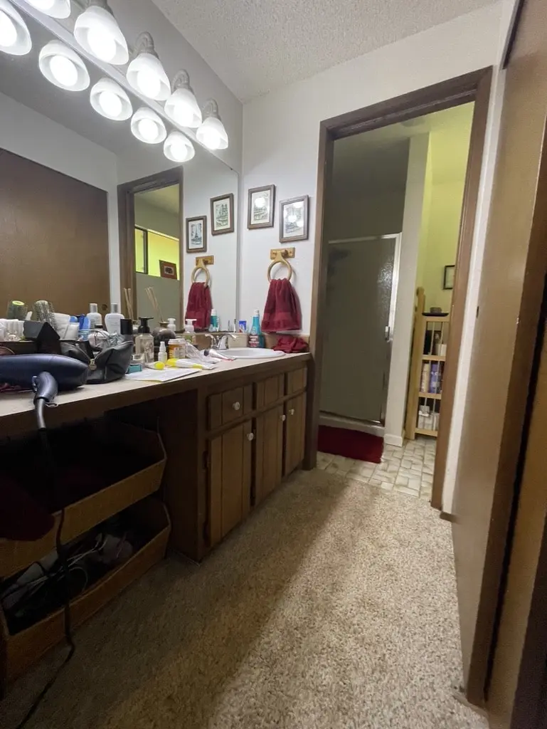 Primary bathroom before the remodel with carpet, a long dark wood vanity, globe lights and a doorway to a shower room