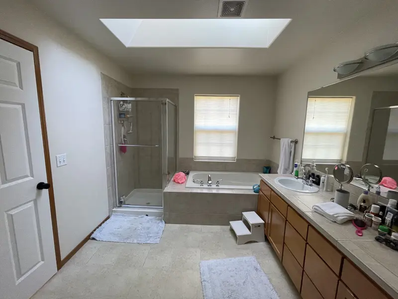 Long view of the old bathroom under the skylight, toward the framed shower and the tub deck