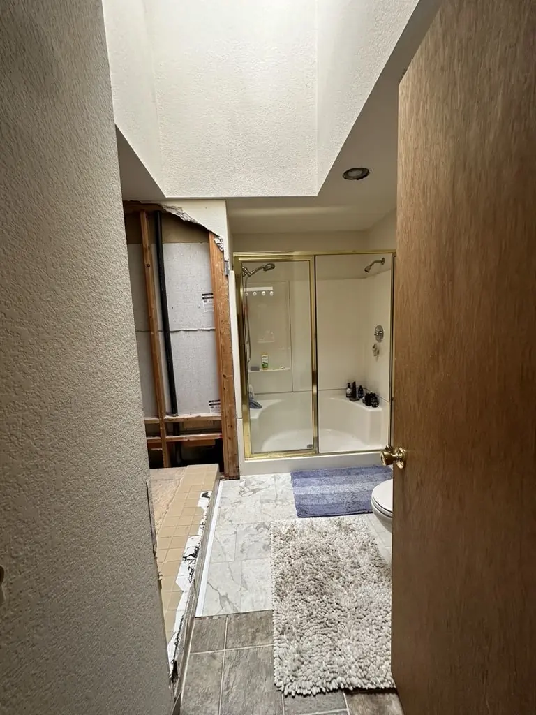 View through a door into the old shower and toilet area before the remodel