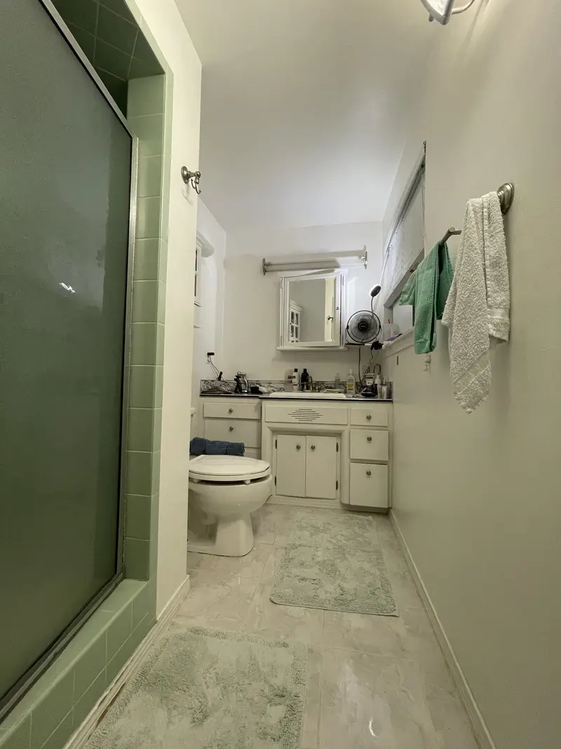 Bathroom before the remodel with a framed green shower stall beside the toilet and vanity