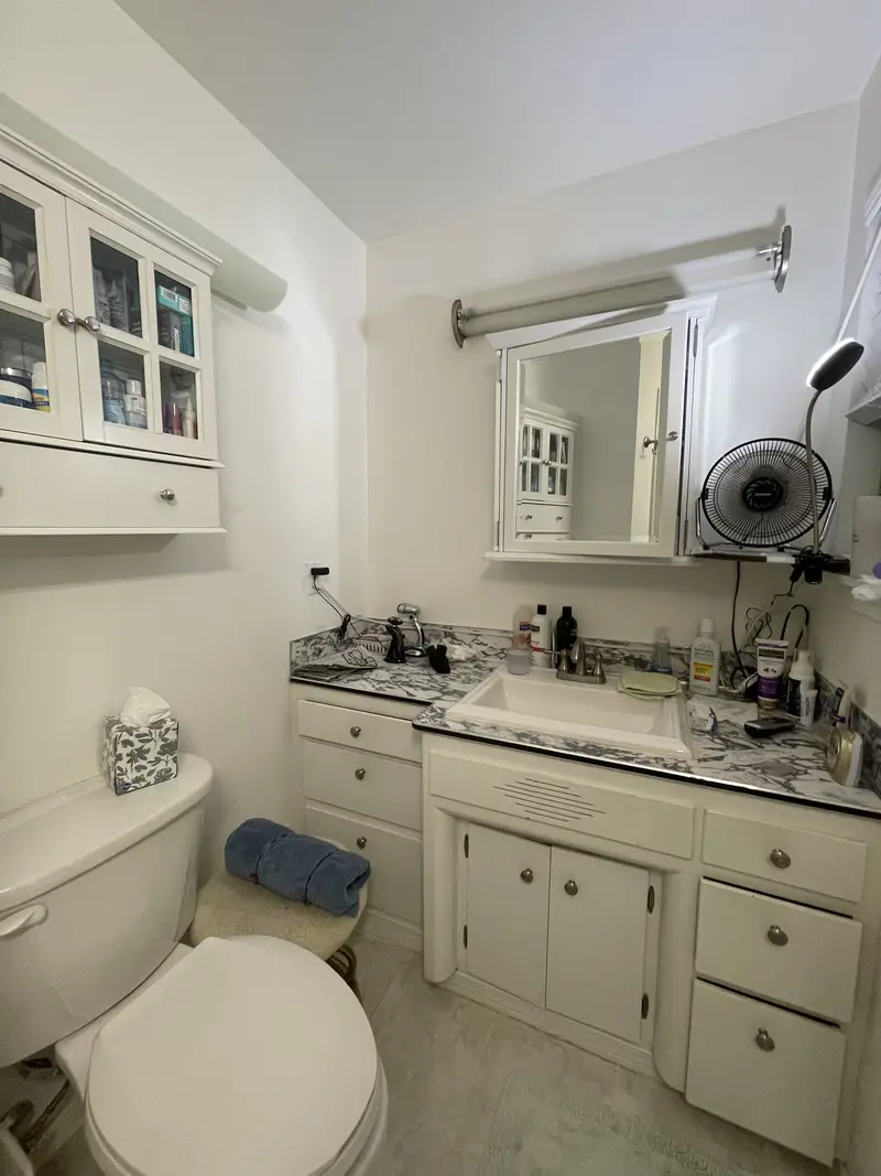 Bathroom before the remodel with a white vanity, a marble-look top and a wall cabinet above the toilet