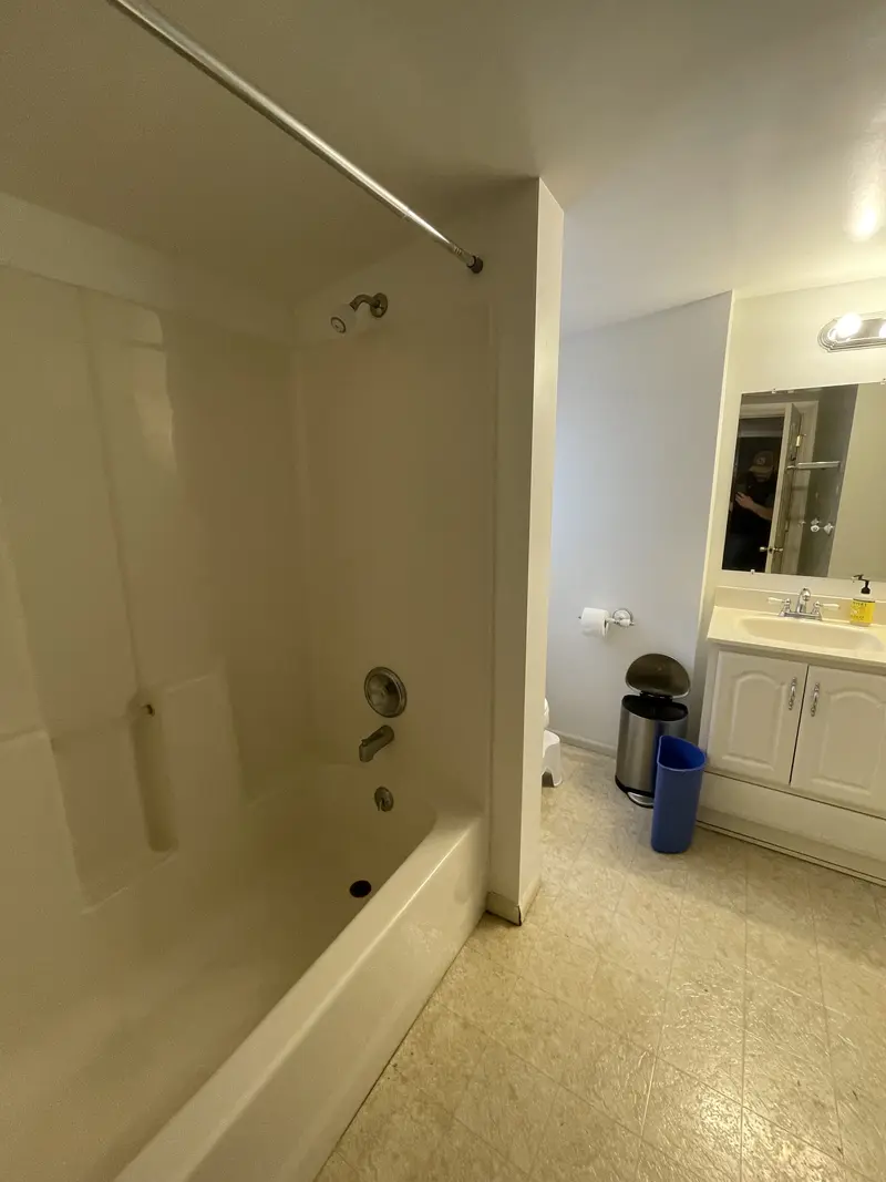 Fiberglass tub and shower surround in the bathroom before demolition
