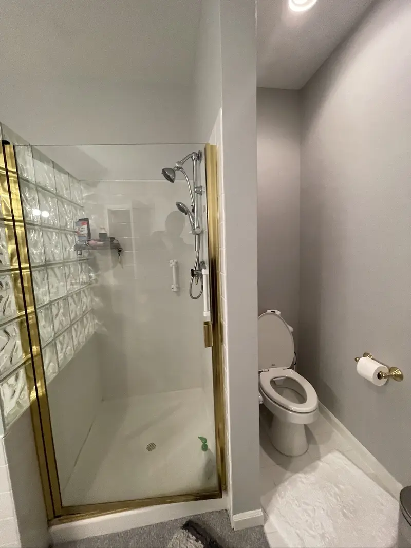 Small shower stall with a brass framed glass door next to the toilet