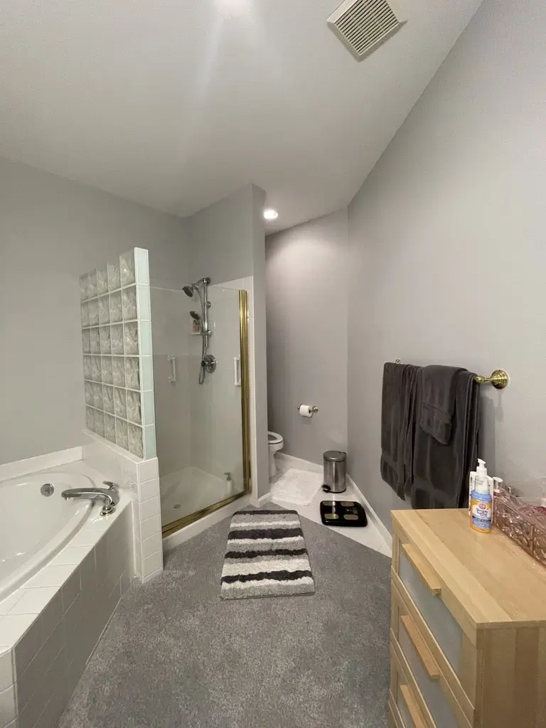 Original bathroom with a corner tub beside a glass block wall and carpet on the floor
