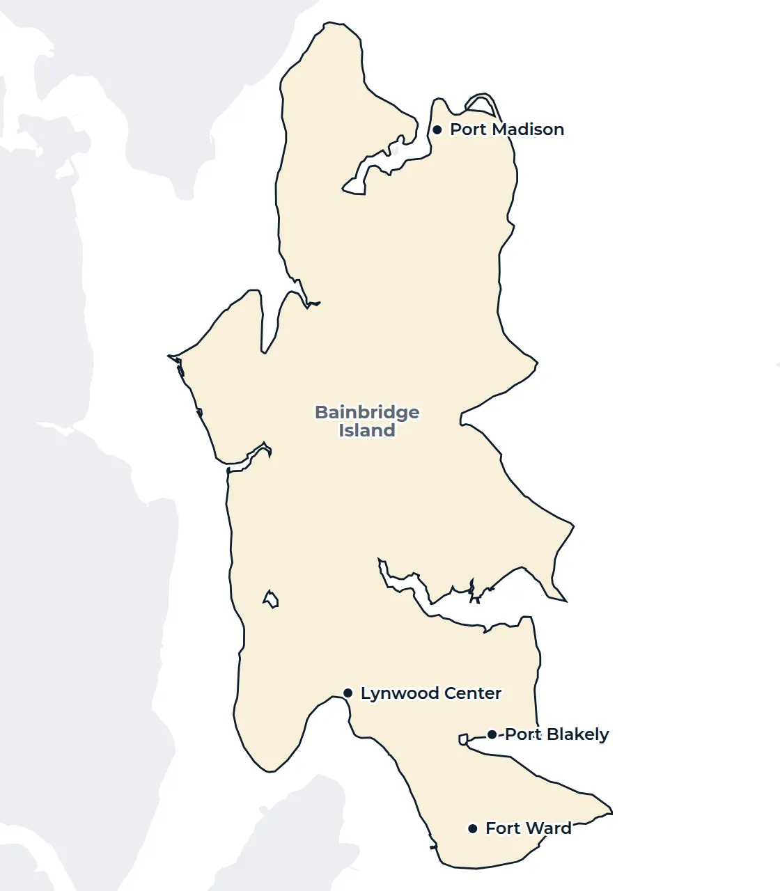 Map of the Bainbridge Island city limits with Lynwood Center, Fort Ward, Port Madison and Port Blakely marked