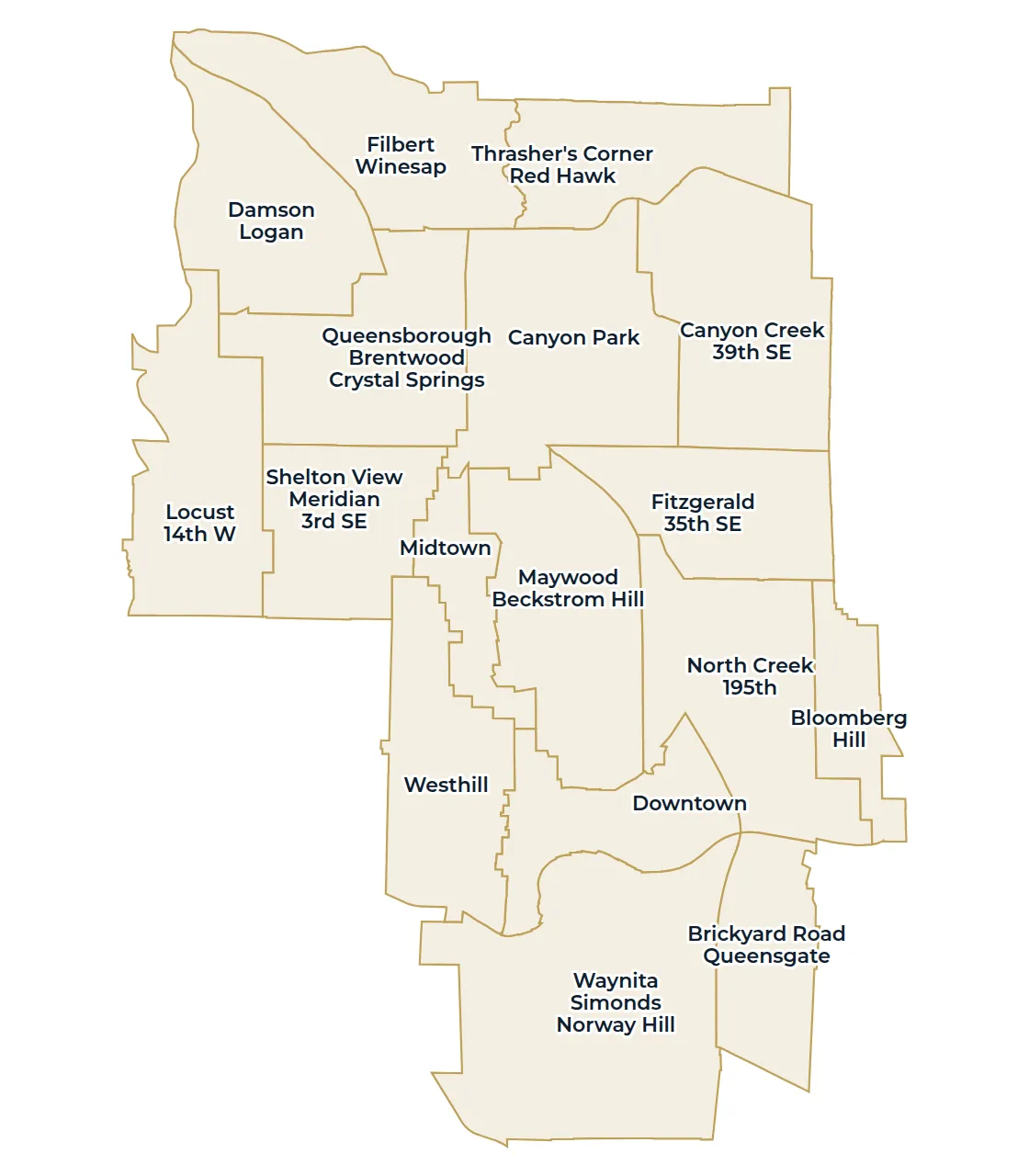 Map of the 17 Bothell comprehensive plan subareas, from Damson / Logan in the north to Waynita / Simonds / Norway Hill in the south