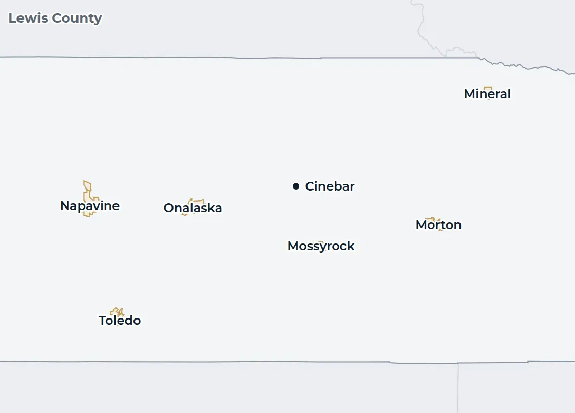 Locator map of Lewis County with Cinebar marked