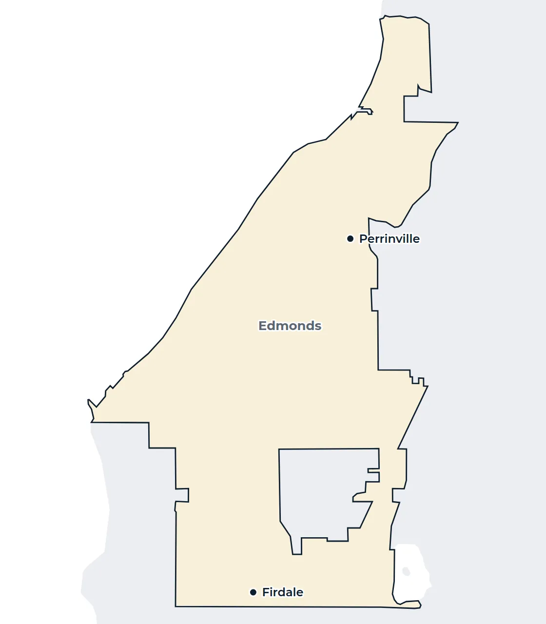 Map of the Edmonds city limits with Perrinville and Firdale marked