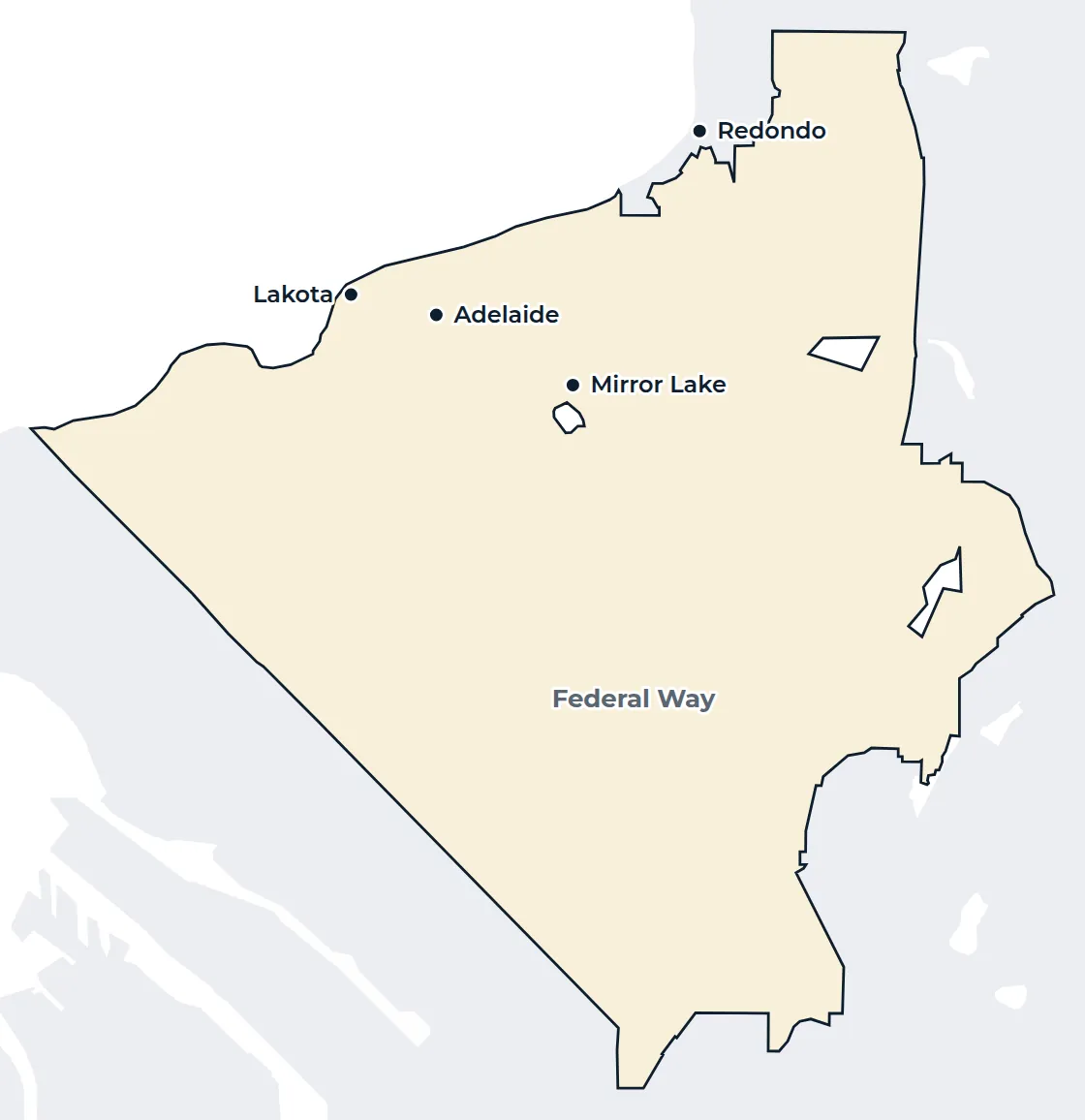 Map of the Federal Way city limits with Lakota, Redondo, Adelaide and Mirror Lake marked