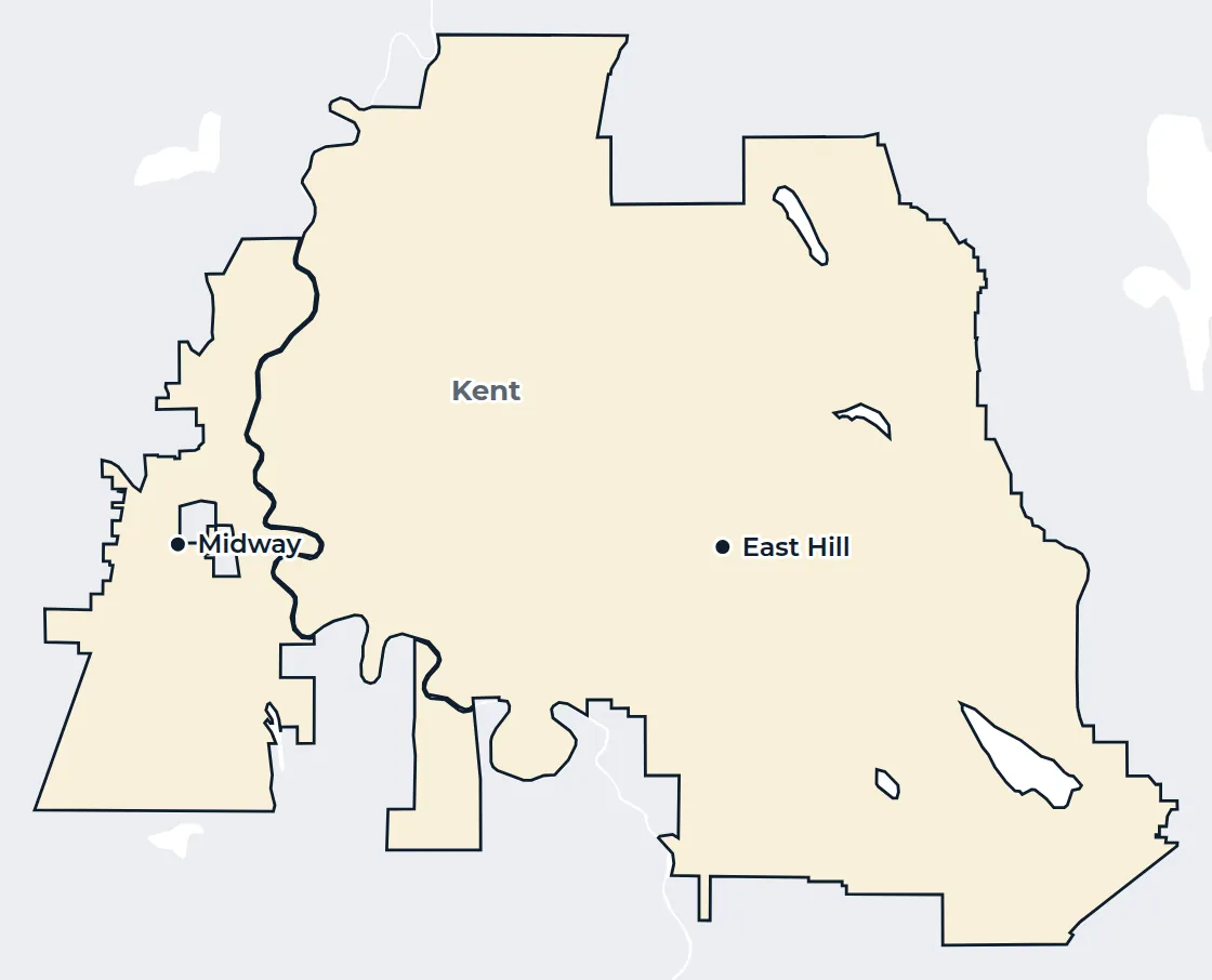 Map of the Kent city limits with East Hill and Midway marked