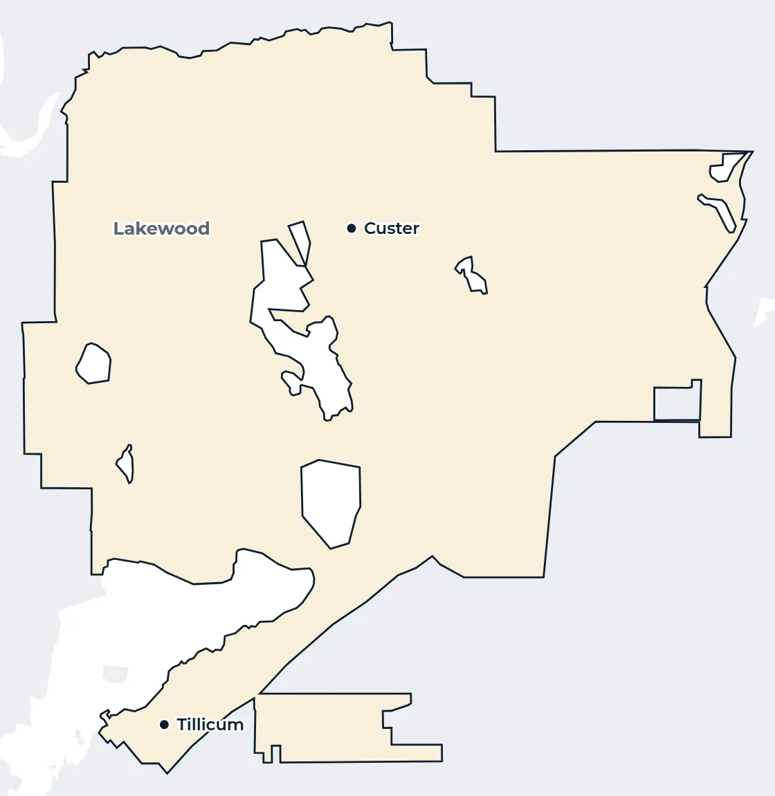 Map of the Lakewood city limits with Tillicum and Custer marked