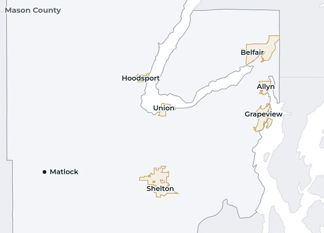 Locator map of Mason County with Matlock marked