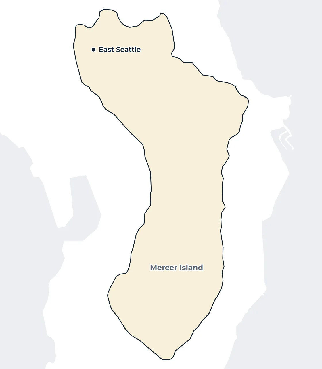 Map of the Mercer Island city limits with East Seattle marked