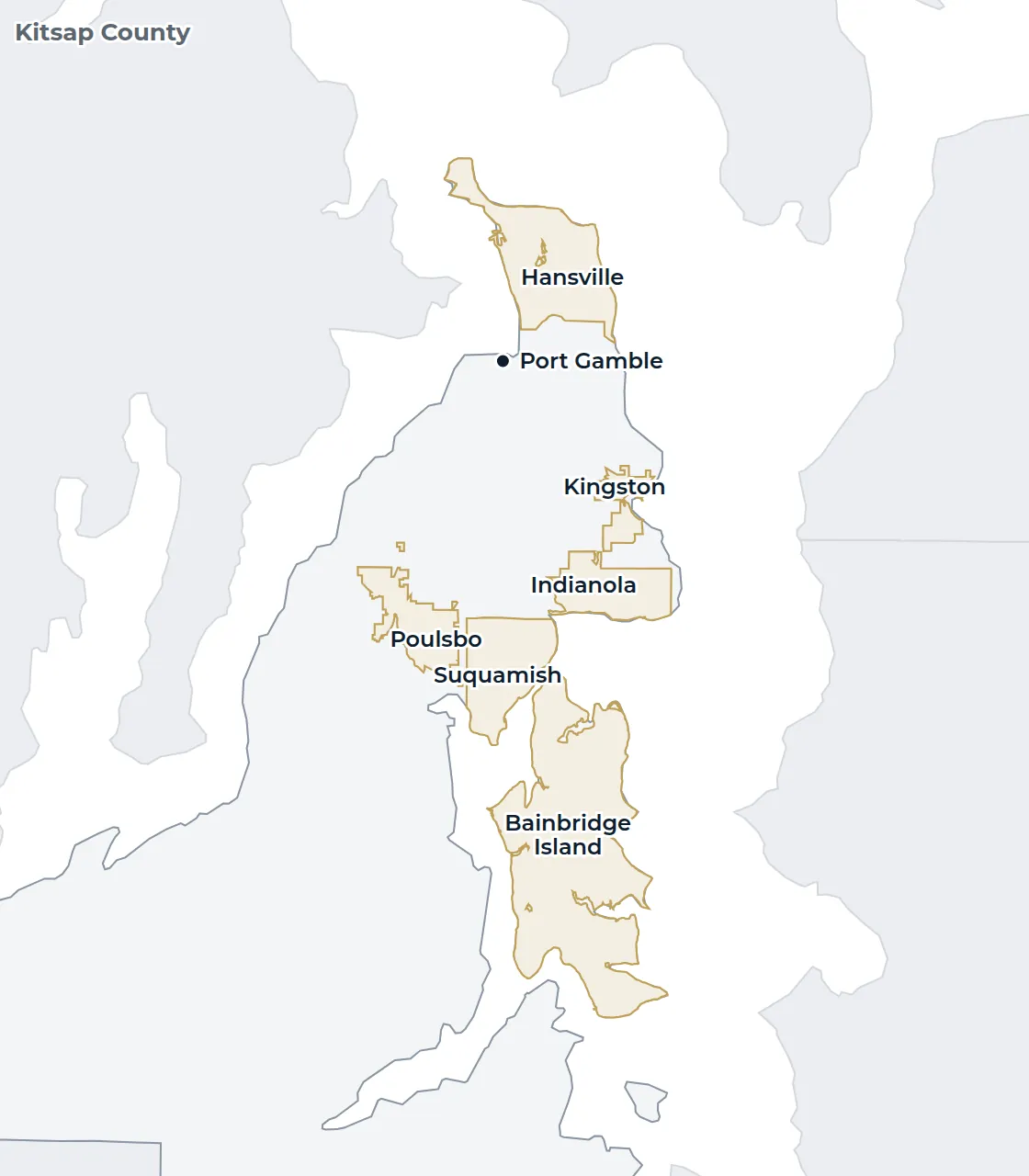 Locator map of Kitsap County with Port Gamble marked
