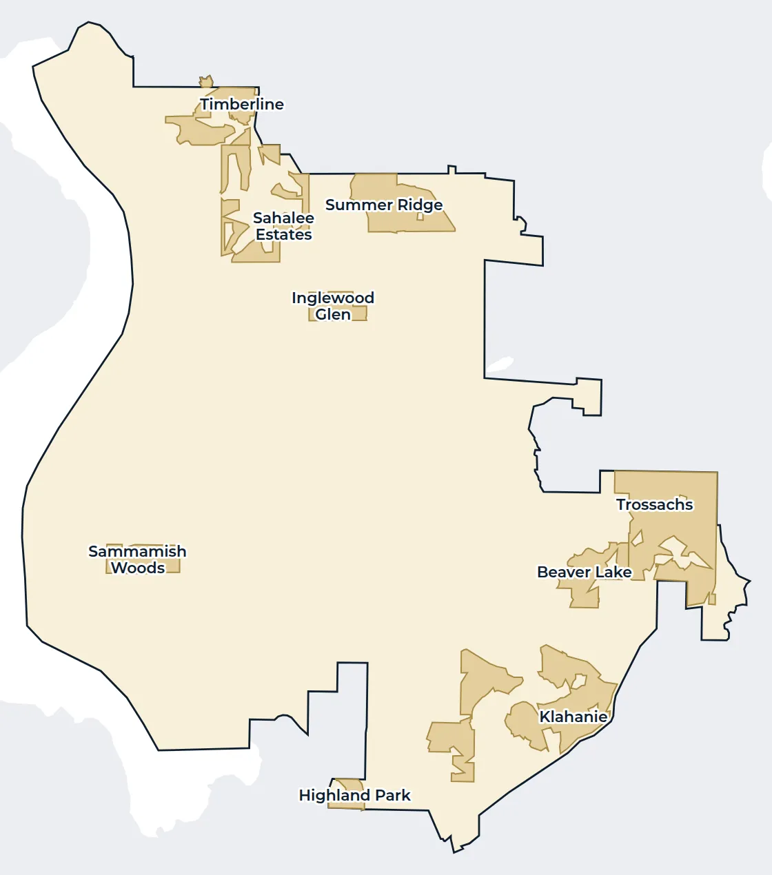 Map of Sammamish city limits with nine named neighborhoods shaded