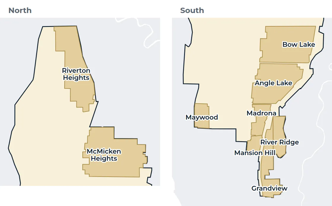 Map of SeaTac neighborhood areas in two halves: Riverton Heights and McMicken Heights in the north, Bow Lake to Grandview in the south