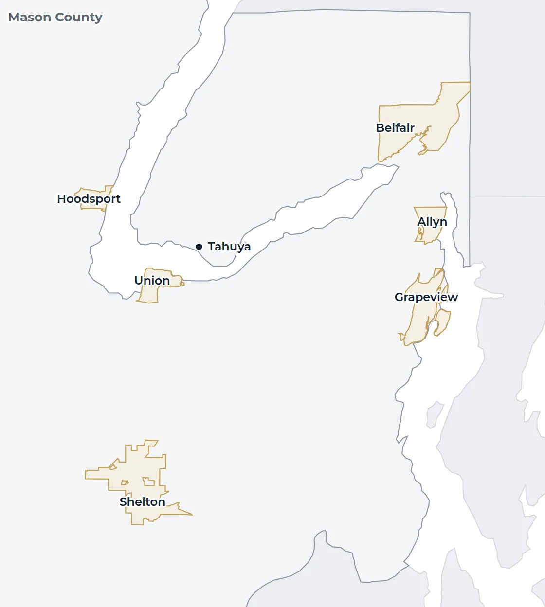 Locator map of Mason County with Tahuya marked