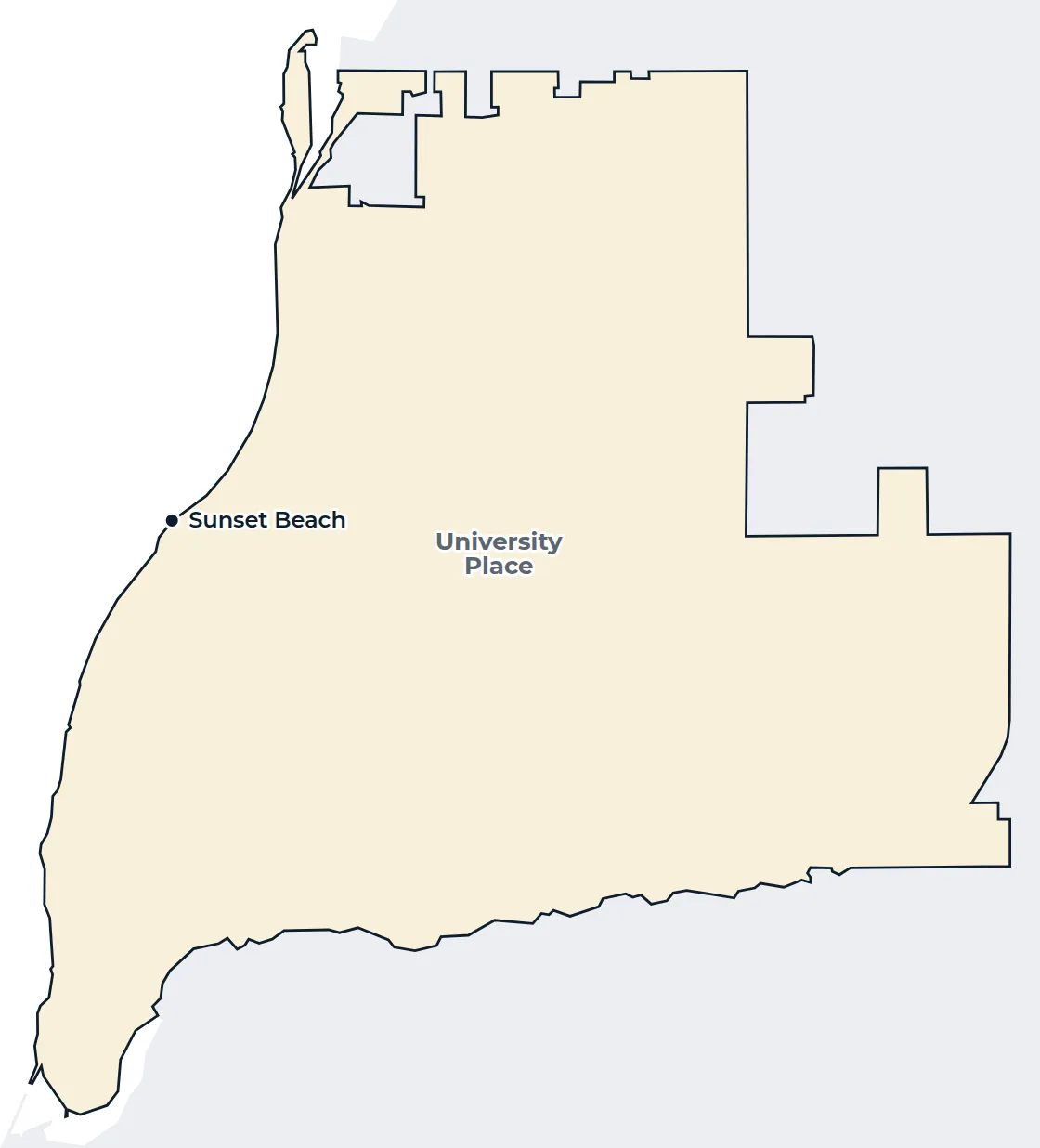 Map of the University Place city limits with Sunset Beach marked