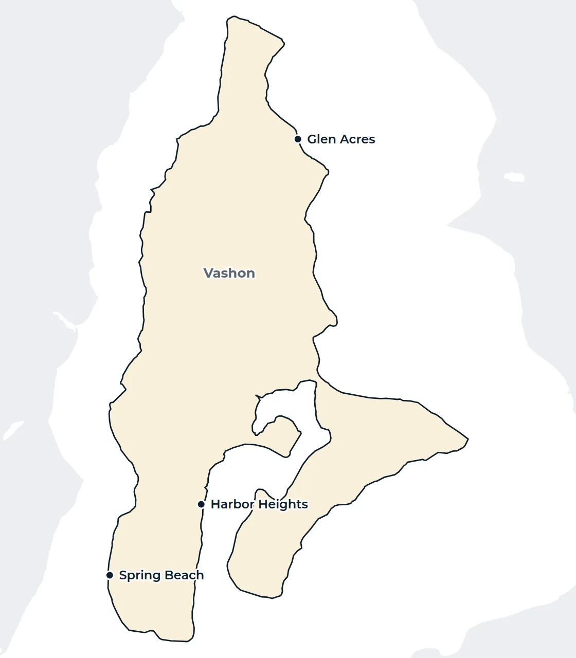 Map of the Vashon census-designated place with Spring Beach, Harbor Heights and Glen Acres marked