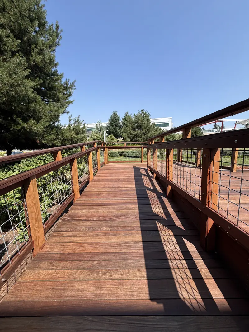 Refinished deck walkway between two runs of wood railing with wire panels, trees beyond