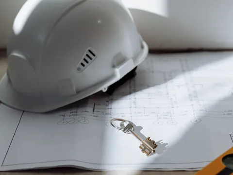 White hard hat resting on a printed floor plan sheet beside a single key, with a yellow level at the edge and soft daylight across the paper