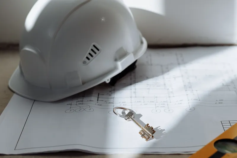 White hard hat resting on a printed floor plan sheet beside a single key, with a yellow level at the edge and soft daylight across the paper