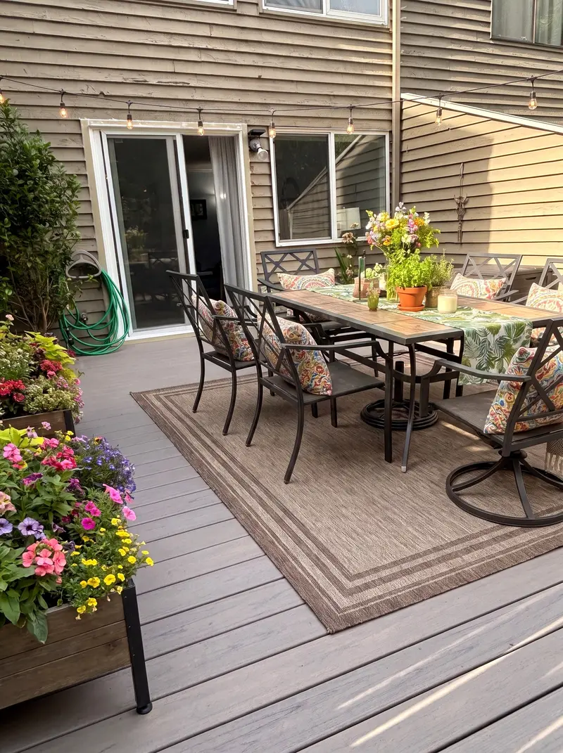 Gray composite deck outside a sliding glass door, with a dining table on a rug and flower planters along the edge