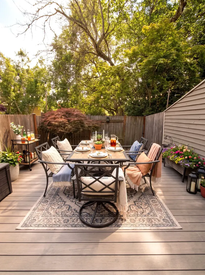 Gray composite deck set with a dining table and chairs, running back to a wood privacy fence under trees