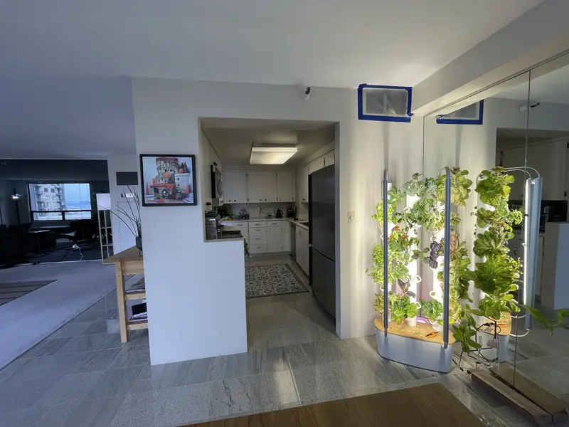 Living room wall with one doorway into the closed galley kitchen and a vertical garden tower beside it