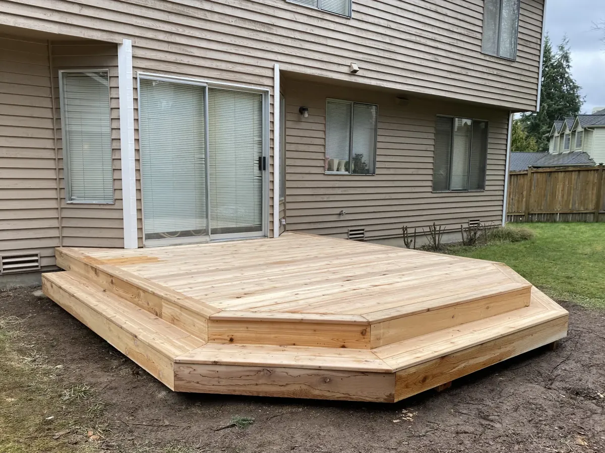 New low platform deck of light wood with angled corners and a wraparound step