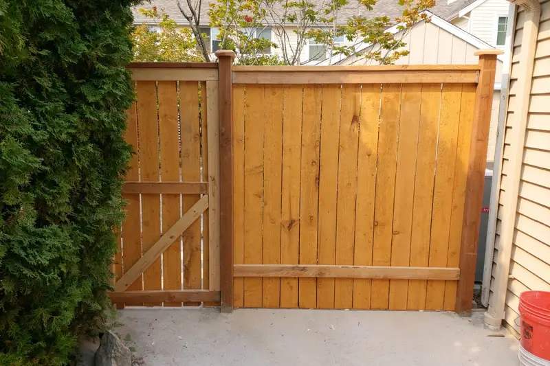 New wood fence panel and braced gate between a hedge and a house on a concrete pad in Redmond, WA