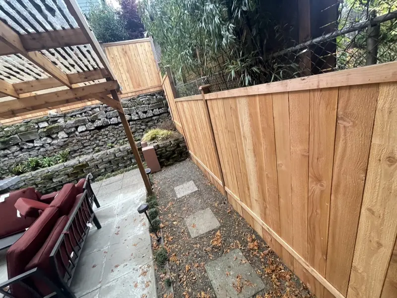 Narrow side yard path with square stepping stones running beside a tall new cedar fence