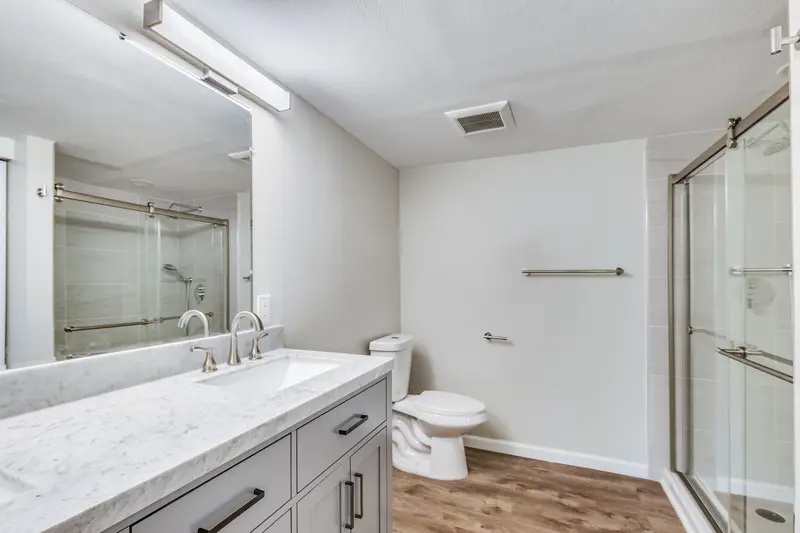 Bathroom with plank floor, gray vanity, white counter and glass shower door