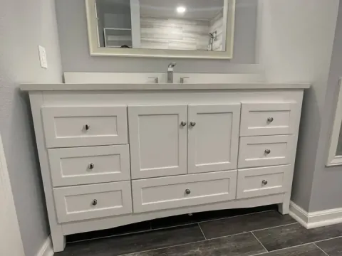 Basement bathroom with a white vanity and dark plank tile floor in Federal Way, WA