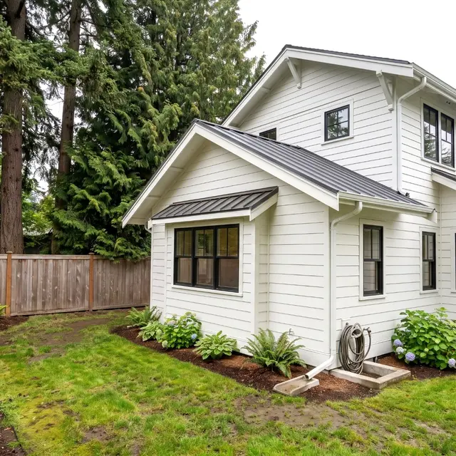 White two story home addition with a gray metal roof, black framed windows and new garden beds