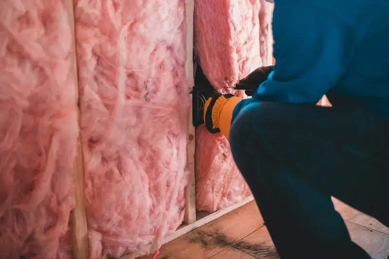 Installer in work gloves fitting pink fiberglass batt insulation between wall studs