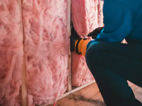 Installer fitting pink fiberglass batt insulation between wall studs