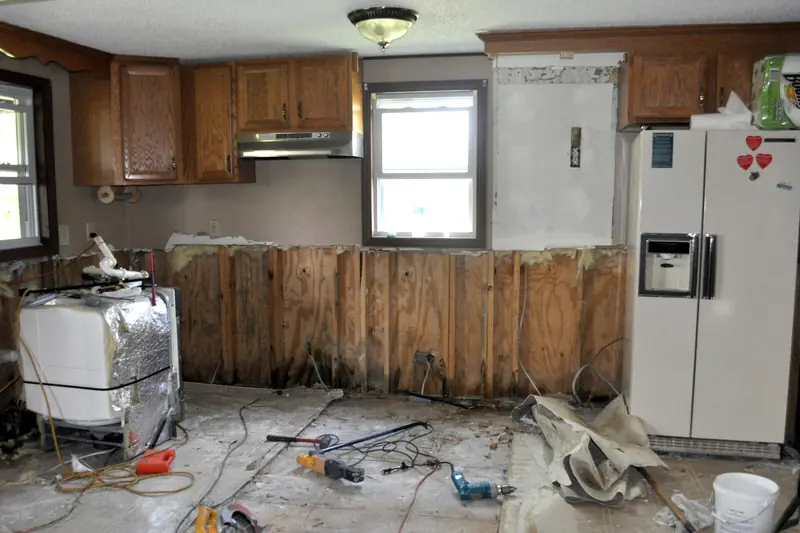 Kitchen with lower cabinets and wet drywall removed down to the studs