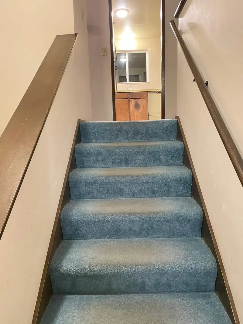 Carpeted stairs between the levels of the split-level home
