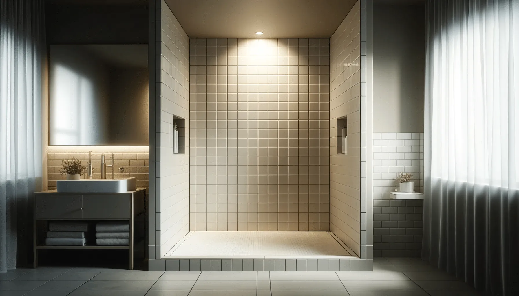 Illustration of a walk-in shower lined with square cream tile