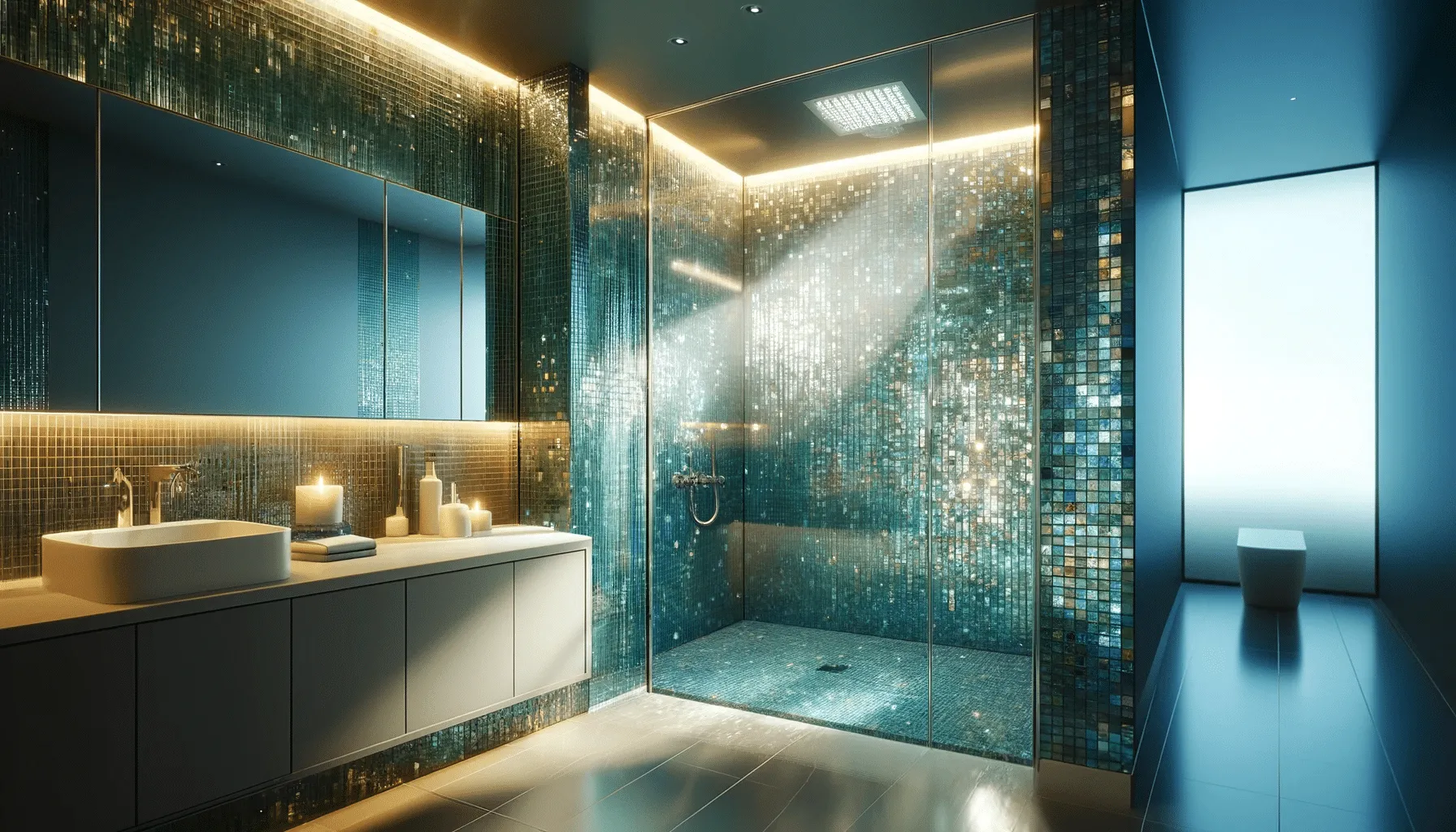 Illustration of a shower wall covered in blue and gold glass mosaic tile